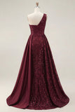 Burgundy One Shoulder Sequin A Line Ruched Long Prom Dress with Slit