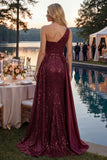 Burgundy One Shoulder Sequin A Line Ruched Long Prom Dress with Slit
