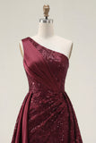 Burgundy One Shoulder Sequin A Line Ruched Long Prom Dress with Slit
