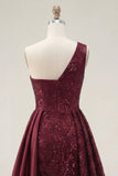 Burgundy One Shoulder Sequin A Line Ruched Long Prom Dress with Slit