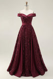 Sparkly Burgundy A Line Off The Shoulder Long Prom Dress with Sequins