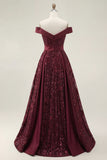 Sparkly Burgundy A Line Off The Shoulder Long Prom Dress with Sequins