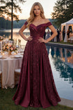 Sparkly Burgundy A Line Off The Shoulder Long Prom Dress with Sequins