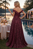 Sparkly Burgundy A Line Off The Shoulder Long Prom Dress with Sequins