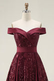 Sparkly Burgundy A Line Off The Shoulder Long Prom Dress with Sequins