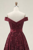 Sparkly Burgundy A Line Off The Shoulder Long Prom Dress with Sequins
