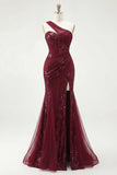 One Shoulder Burgundy Mermaid Corset Sequin Long Prom Dress with Slit