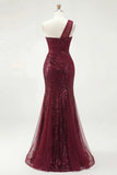 One Shoulder Burgundy Mermaid Corset Sequin Long Prom Dress with Slit