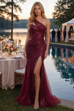 One Shoulder Burgundy Mermaid Corset Sequin Long Prom Dress with Slit