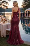One Shoulder Burgundy Mermaid Corset Sequin Long Prom Dress with Slit