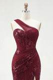 One Shoulder Burgundy Mermaid Corset Sequin Long Prom Dress with Slit
