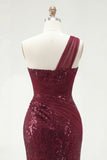 One Shoulder Burgundy Mermaid Corset Sequin Long Prom Dress with Slit