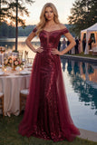 Sparkly Burgundy Mermaid Off The Shoulder Long Prom Dress with Sequins