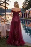 Sparkly Burgundy Mermaid Off The Shoulder Long Prom Dress with Sequins