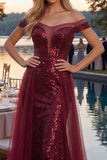 Sparkly Burgundy Mermaid Off The Shoulder Long Prom Dress with Sequins