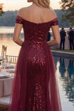 Sparkly Burgundy Mermaid Off The Shoulder Long Prom Dress with Sequins