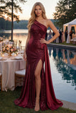 Burgundy One Shoulder Sequins Mermaid Long Prom Dress with Slit