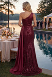 Burgundy One Shoulder Sequins Mermaid Long Prom Dress with Slit