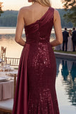 Burgundy One Shoulder Sequins Mermaid Long Prom Dress with Slit