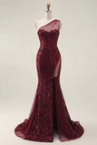 Sparkly Burgundy Mermaid One Shoulder Corset Sequin Prom Dress with Slit