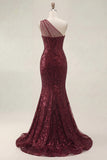 Sparkly Burgundy Mermaid One Shoulder Corset Sequin Prom Dress with Slit