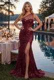Sparkly Burgundy Mermaid One Shoulder Corset Sequin Prom Dress with Slit