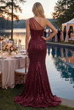 Sparkly Burgundy Mermaid One Shoulder Corset Sequin Prom Dress with Slit