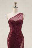 Sparkly Burgundy Mermaid One Shoulder Corset Sequin Prom Dress with Slit