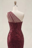 Sparkly Burgundy Mermaid One Shoulder Corset Sequin Prom Dress with Slit