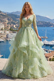 Green Princess Ruffled Embroidered Prom Dress with 3/4 Sleeves