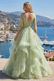 Green Princess Ruffled Embroidered Prom Dress with 3/4 Sleeves