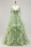 Green Princess Ruffled Embroidered Prom Dress with 3/4 Sleeves