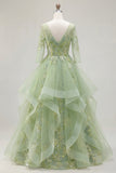 Green Princess Ruffled Embroidered Prom Dress with 3/4 Sleeves