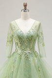 Green Princess Ruffled Embroidered Prom Dress with 3/4 Sleeves