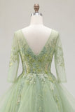 Green Princess Ruffled Embroidered Prom Dress with 3/4 Sleeves