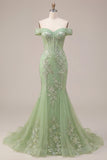 Off The Shoulder Green Corset Mermaid Long Prom Dress with Back Keyhole
