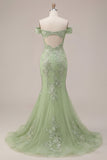 Off The Shoulder Green Corset Mermaid Long Prom Dress with Back Keyhole