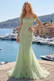 Off The Shoulder Green Corset Mermaid Long Prom Dress with Back Keyhole
