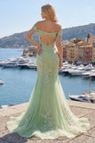 Off The Shoulder Green Corset Mermaid Long Prom Dress with Back Keyhole