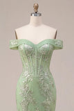 Off The Shoulder Green Corset Mermaid Long Prom Dress with Back Keyhole