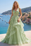 Green Floral Ruffled Princess Embroidered Corset Long Prom Dress