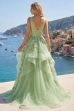 Green Floral Ruffled Princess Embroidered Corset Long Prom Dress
