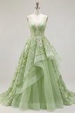 Green Floral Ruffled Princess Embroidered Corset Long Prom Dress