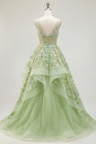 Green Floral Ruffled Princess Embroidered Corset Long Prom Dress