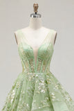 Green Floral Ruffled Princess Embroidered Corset Long Prom Dress