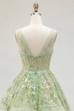 Green Floral Ruffled Princess Embroidered Corset Long Prom Dress