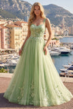 Green A Line Embroidered Spaghetti Straps Long Tulle Prom Dress