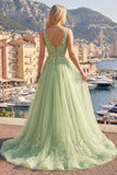 Green A Line Embroidered Spaghetti Straps Long Tulle Prom Dress