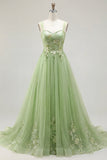 Green A Line Embroidered Spaghetti Straps Long Tulle Prom Dress