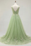 Green A Line Embroidered Spaghetti Straps Long Tulle Prom Dress